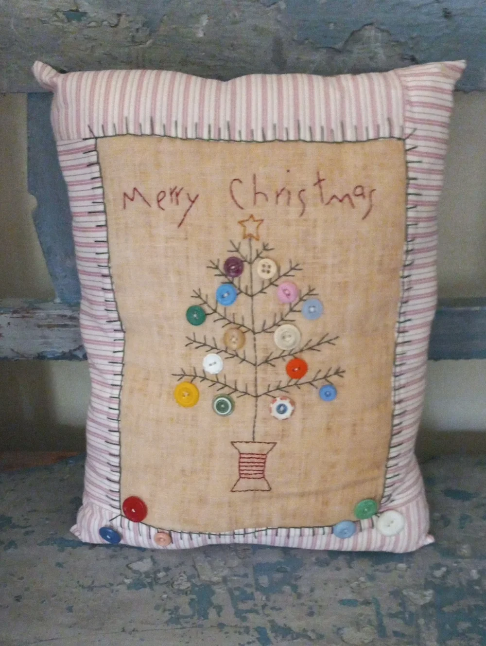 Handmade Merry Christmas Button Tree Pillow - Pink Holiday Accent
